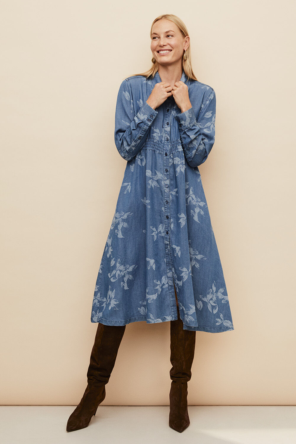 Norvinu Denim Dress - Blue Denim, Revlina Earring - Beige